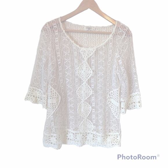 Miss Kelly Top Women’s Large White Lacy Boho Sheer Top Shirt Cottage Grandma VTG - Picture 1 of 10